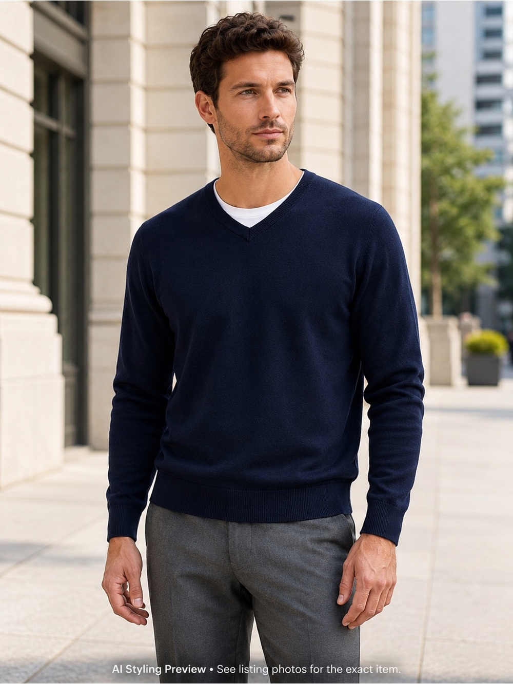 Kella Men’s Large 100% Merino Wool Navy V-Neck Sweater Classic Knit